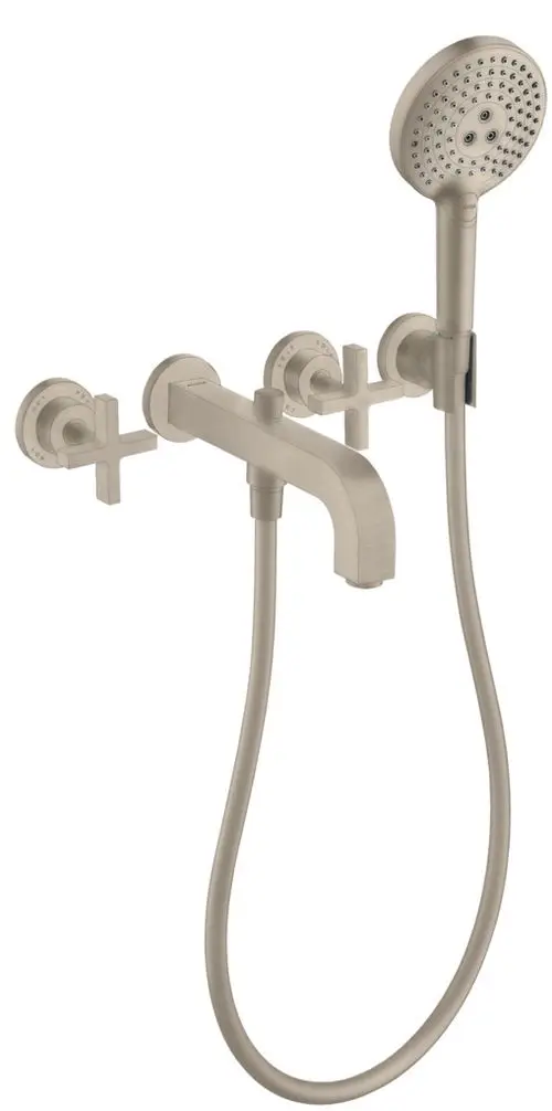 Wannenarmatur von AXOR mit drei Aufputzgriffen und Rosetten in gebürstetem Nickel für Wandmontage. Kombiniert Handbrause und Wasserhahn in einem funktionalen Design.